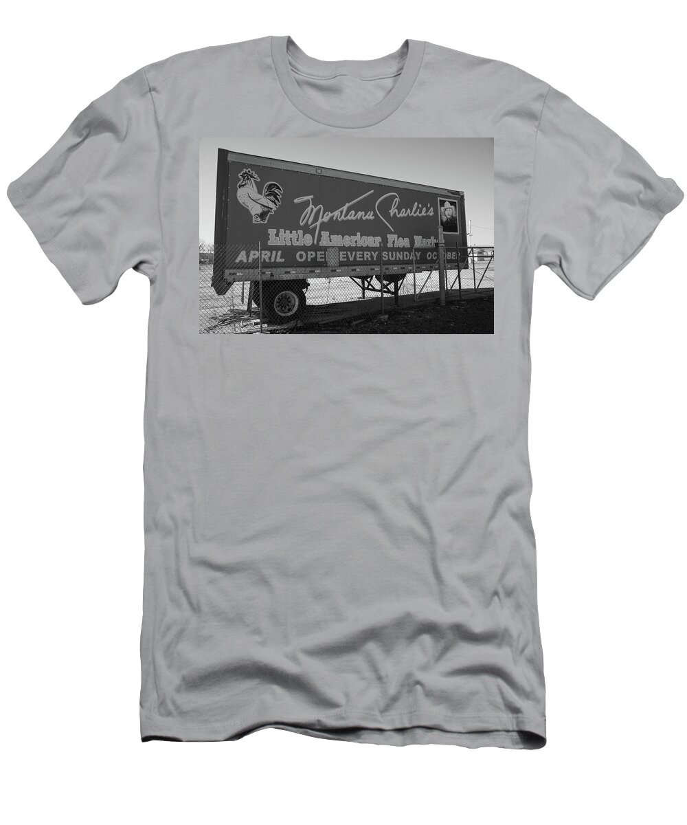 Eldon Mcgraw Media T-Shirt featuring the photograph Vintage Montana Charlie's advertisement on Historic Route 66 in Illinois in BW by Eldon McGraw