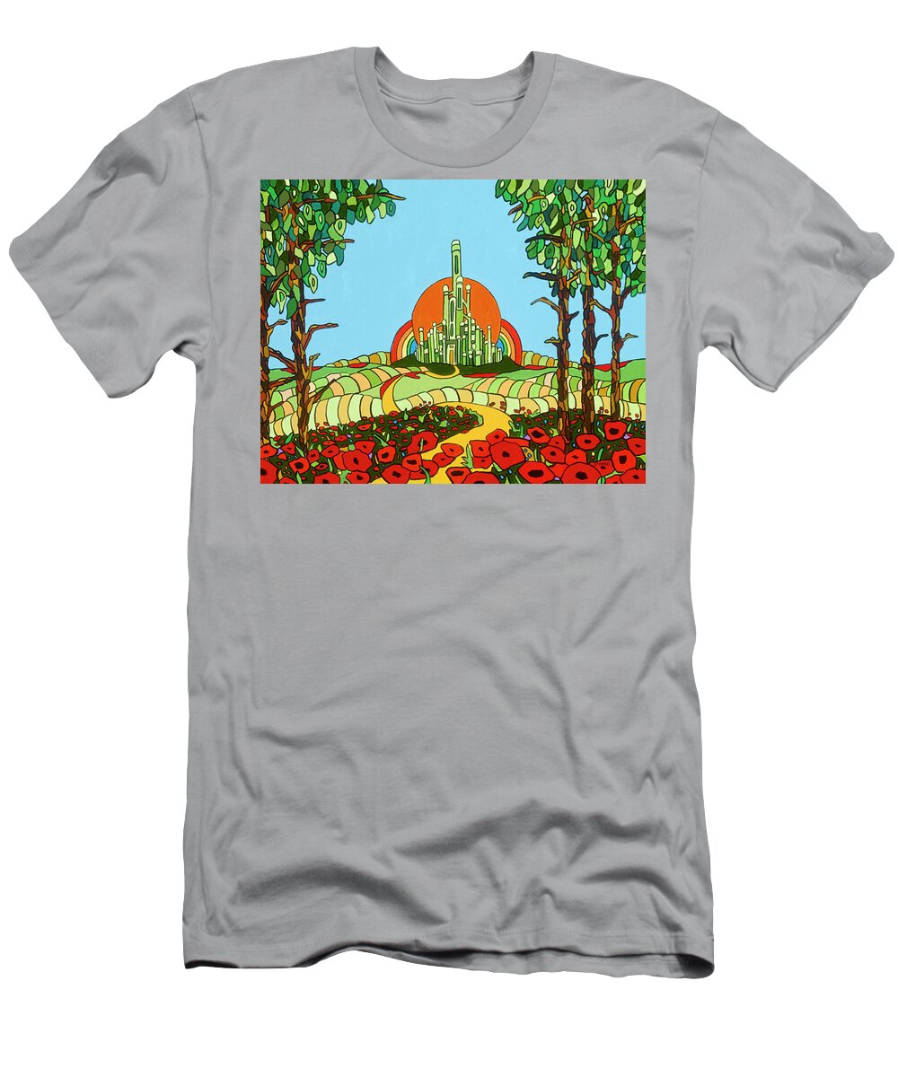 Wizard Of Oz Emerald City Off To See The Wizard Poppies Yellow Brick Road T-Shirt featuring the painting Visiting Oz by Mike Stanko
