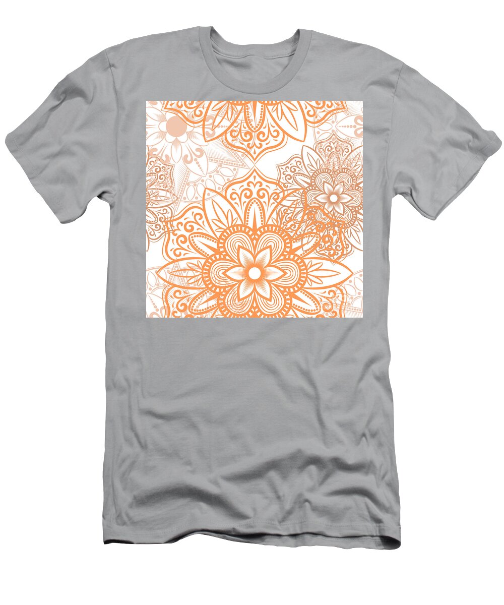 Colorful T-Shirt featuring the digital art Vitiria - Artistic Orange Mandala Pattern by Sambel Pedes