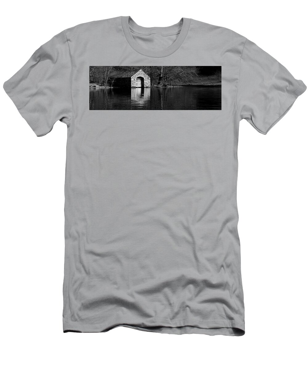 Panorama T-Shirt featuring the photograph Wastwater Boathouse Black and white Lake District by Sonny Ryse