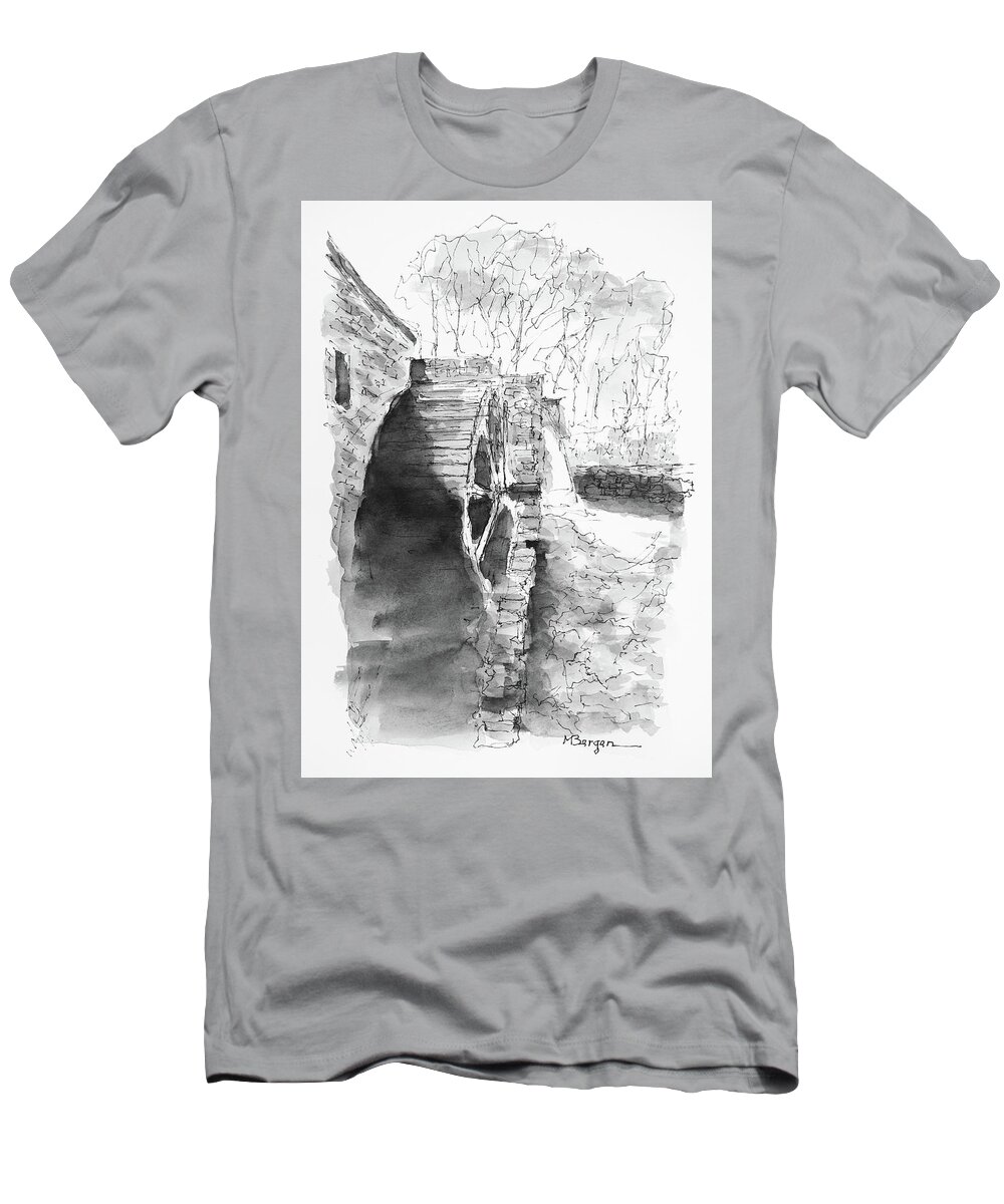 Water Wheel T-Shirt featuring the drawing Water Wheel by Mike Bergen