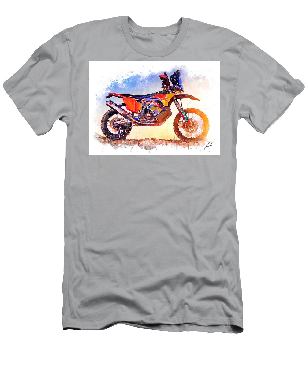 Adventure T-Shirt featuring the painting Watercolor KTM 450 Rally Dakar motorcycle - oryginal artwork by Vart. by Vart Studio