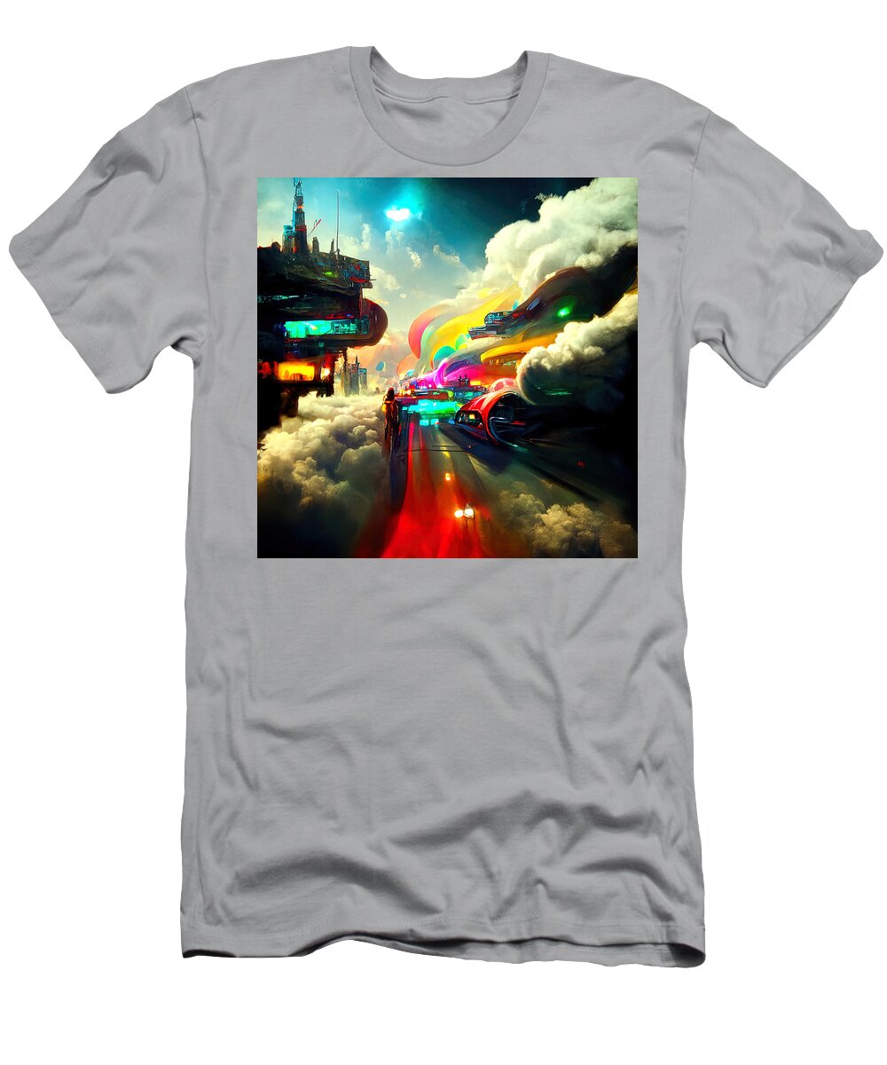 Cyberpunk T-Shirt featuring the painting Welcome to Cloud City, 04 by AM FineArtPrints