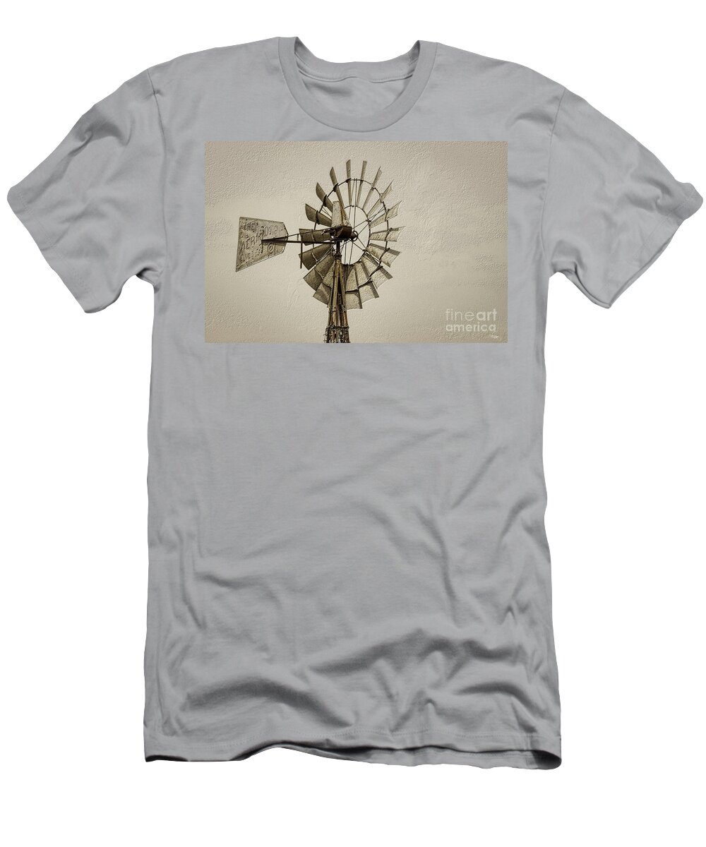 Windmill T-Shirt featuring the photograph Wheel Of A Windmill Sepia by Jennifer White