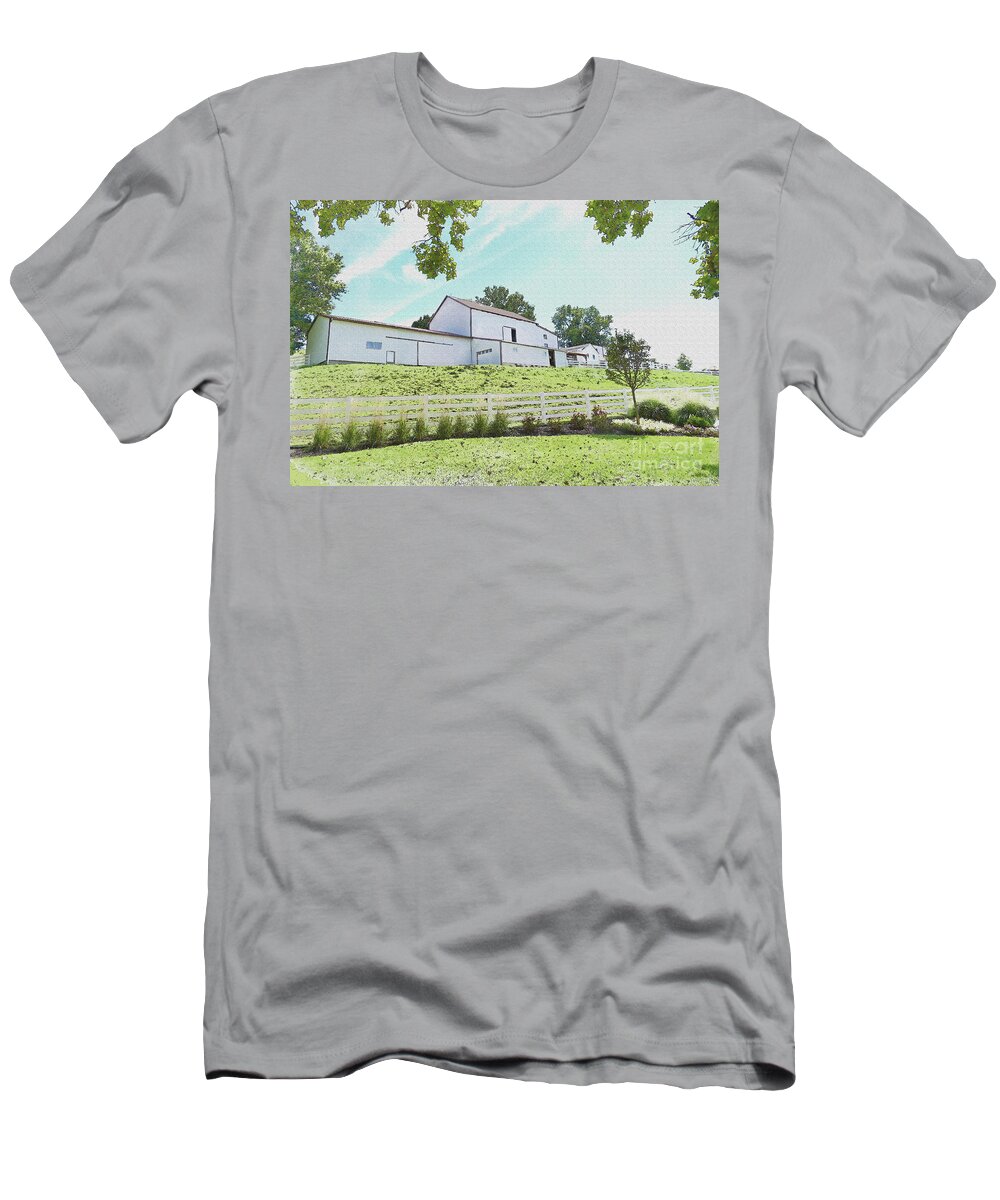 Barn T-Shirt featuring the photograph White barn on a hill by Bentley Davis