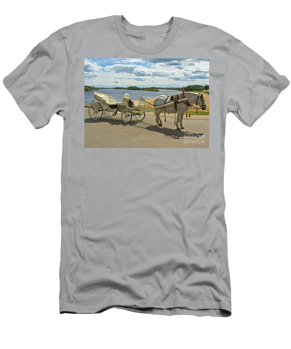 Horse T-Shirt featuring the photograph White horse with white carriage by Irina Afonskaya