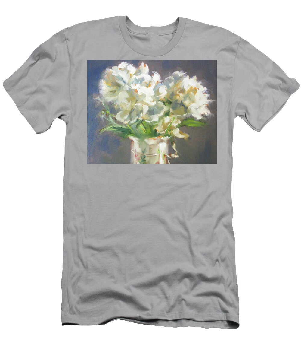 White Peonies T-Shirt featuring the painting White Peonies detail by Roxanne Dyer