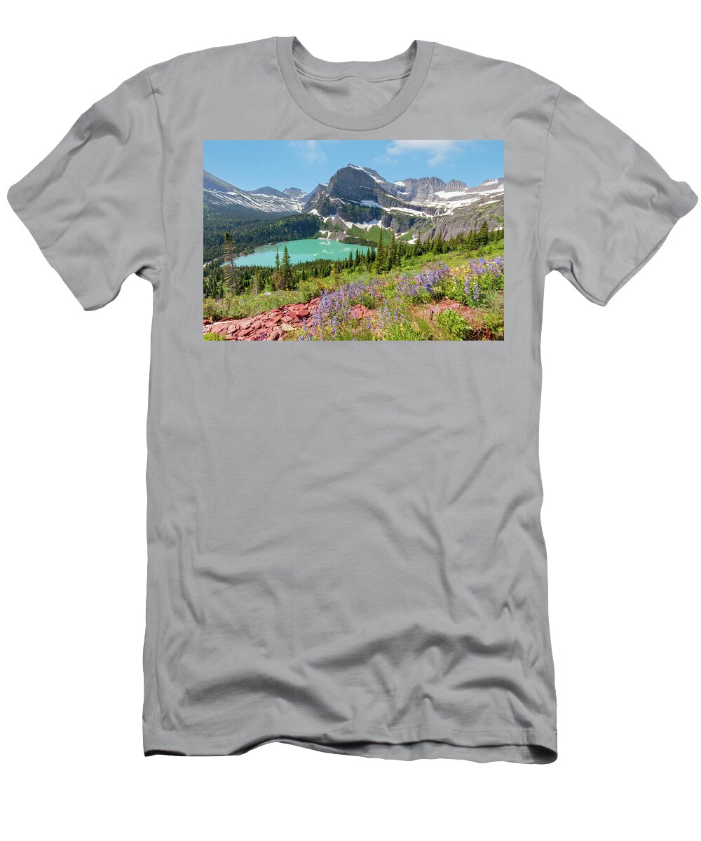 Glacier National Park T-Shirt featuring the photograph Wildflowers above Grinnell Lake by Jack Bell