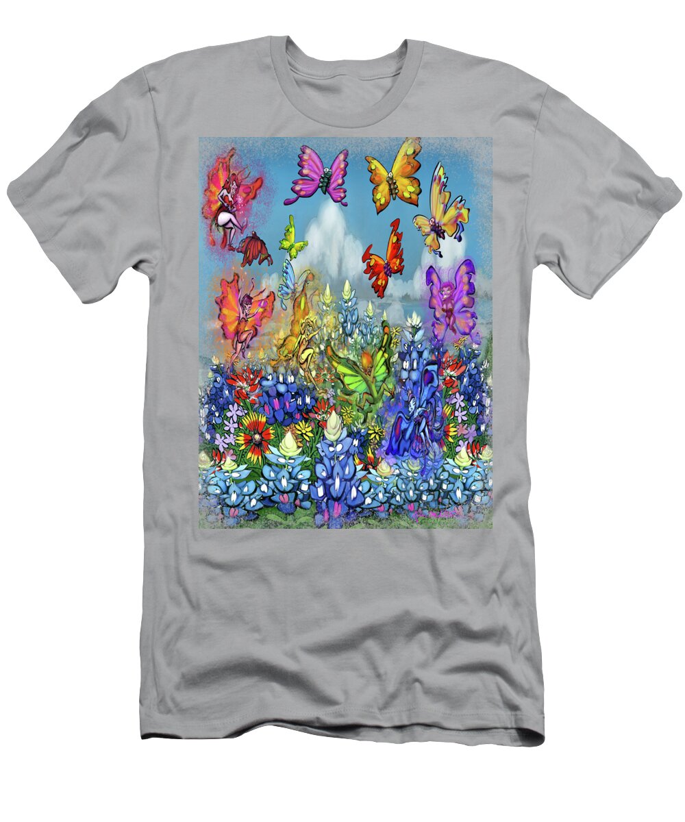Wildflowers T-Shirt featuring the digital art Wildflowers Pixies Bluebonnets n Butterflies by Kevin Middleton