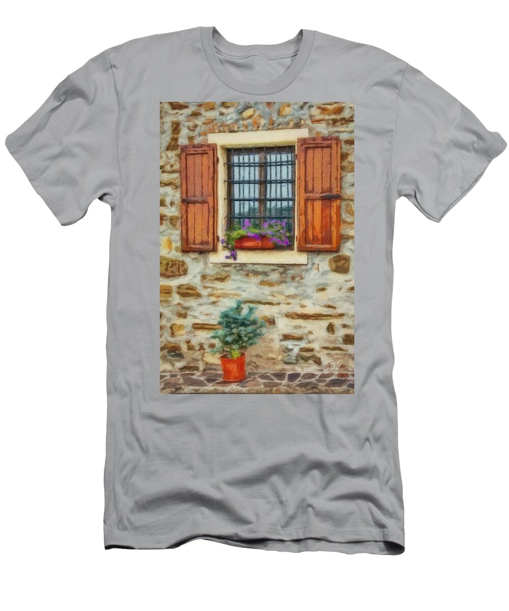Shutter T-Shirt featuring the painting Window in a Stone Wall by Jeffrey Kolker