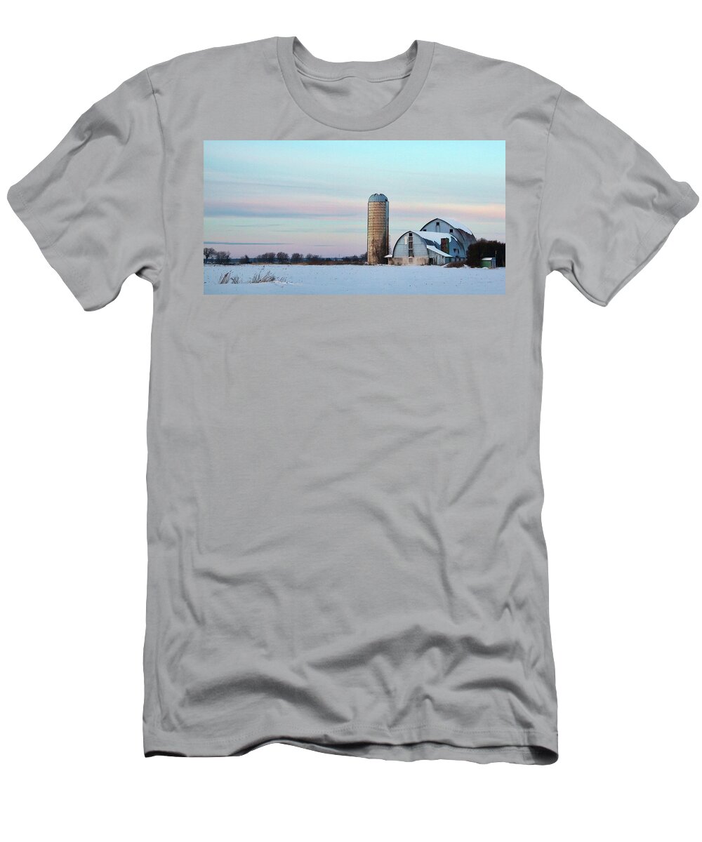 Winter T-Shirt featuring the photograph Winter Farm and Barns Ontario by Tatiana Travelways