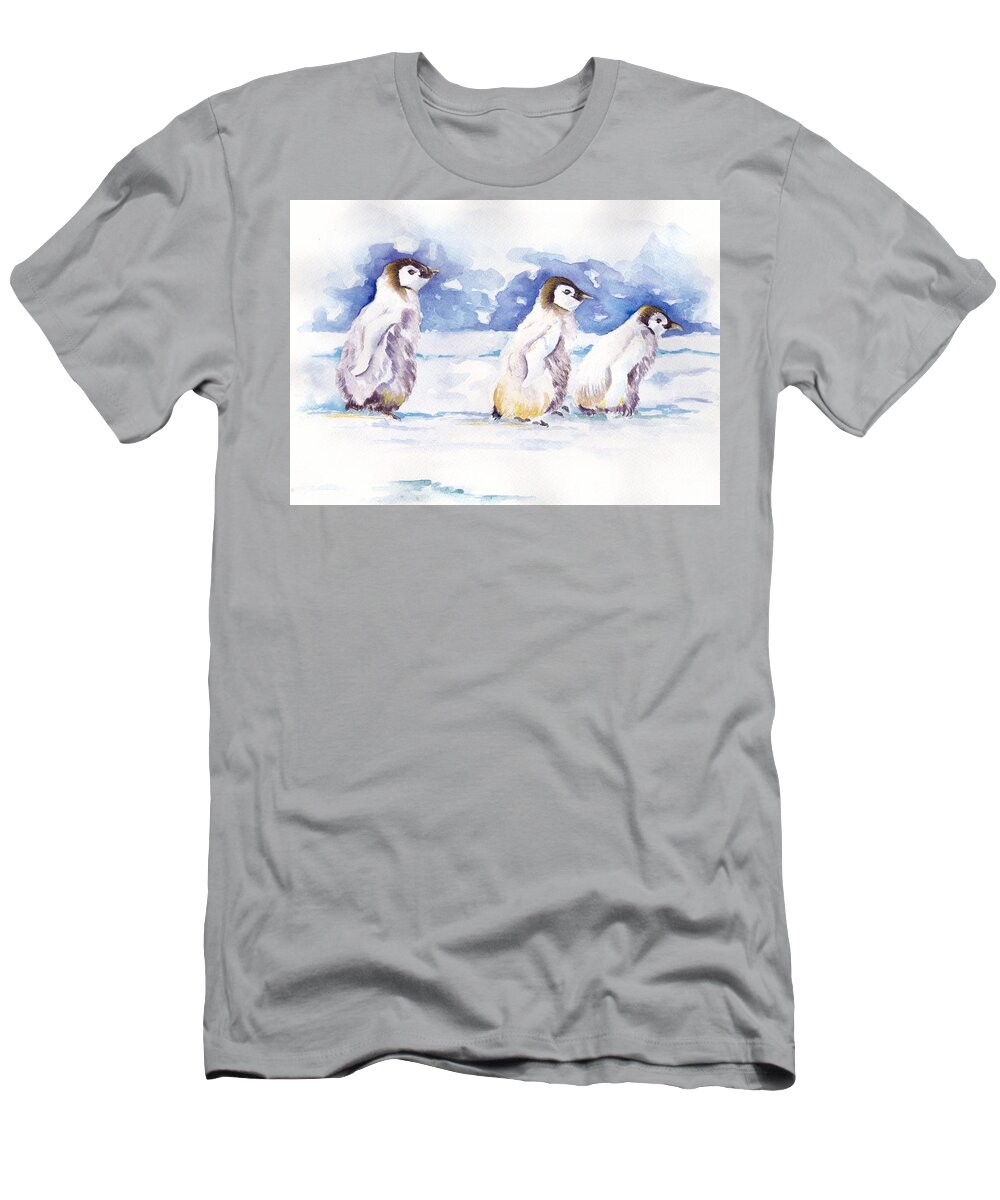 Penguins T-Shirt featuring the painting Penguins Marching - Winter Is Coming 1 by Debra Hall