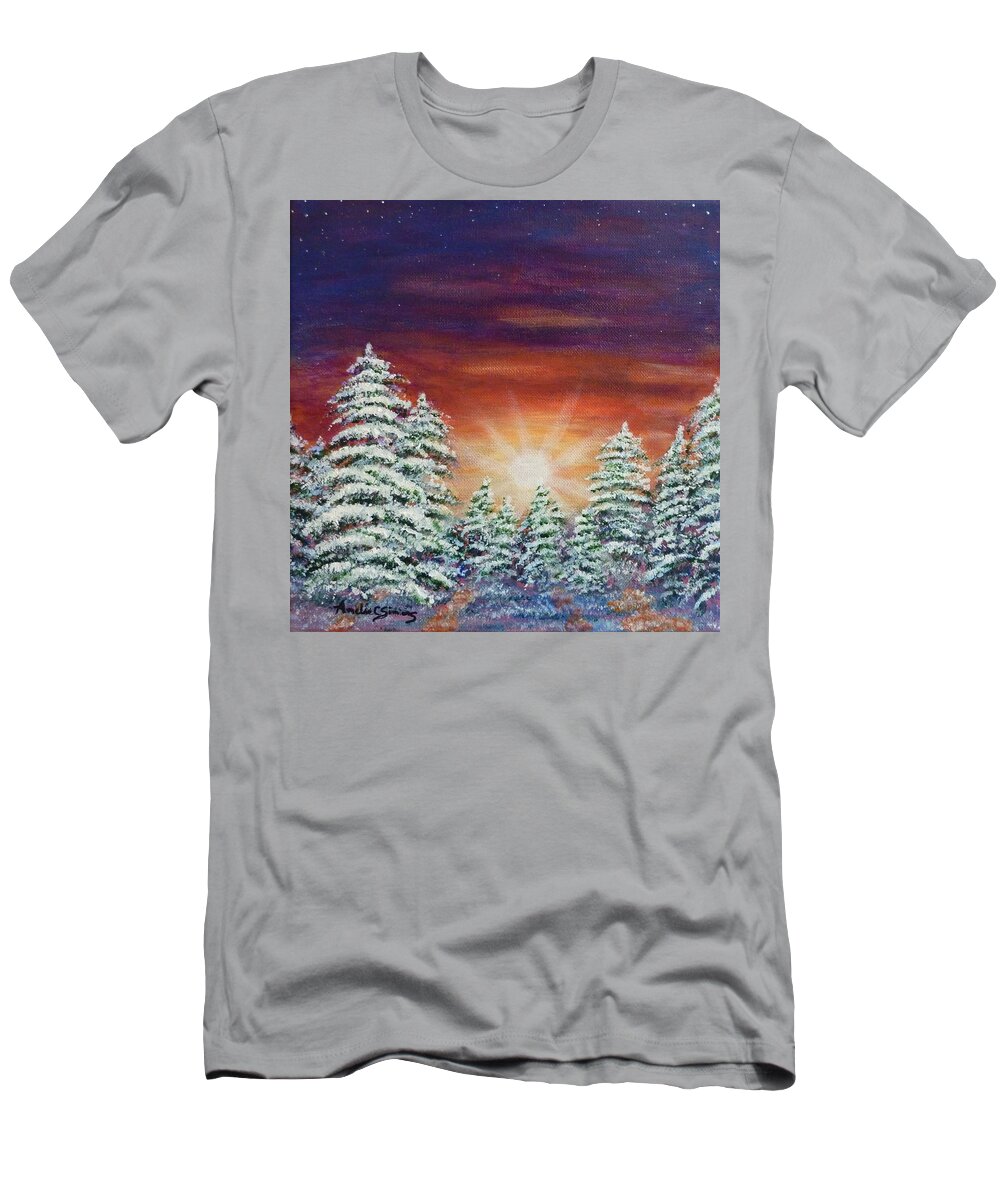 Winter Morning Sunrise T-Shirt featuring the painting Winter Morning Sunrise by Amelie Simmons