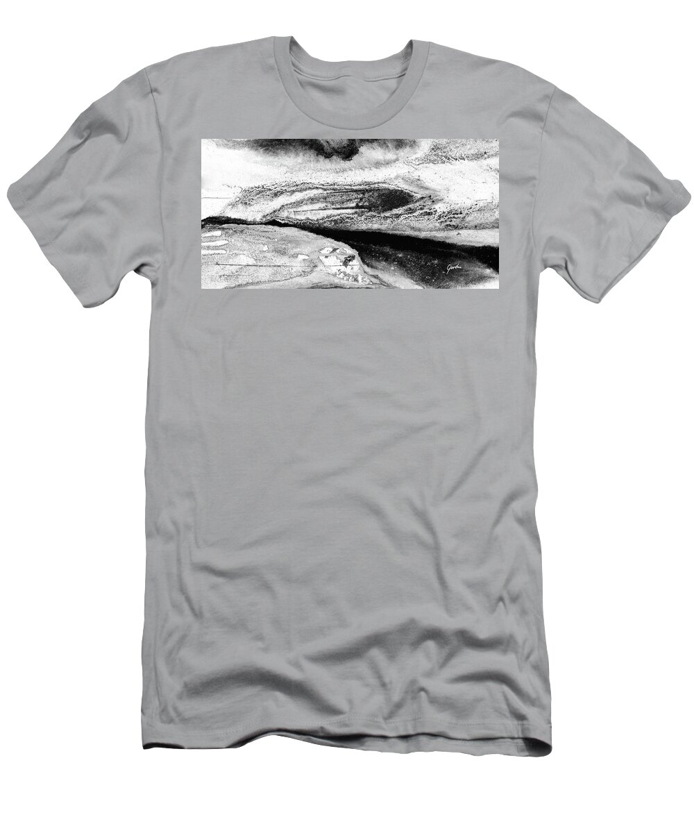 Landscape T-Shirt featuring the painting Winter River - Black And White Abstract Landscape Painting by Modern Abstract