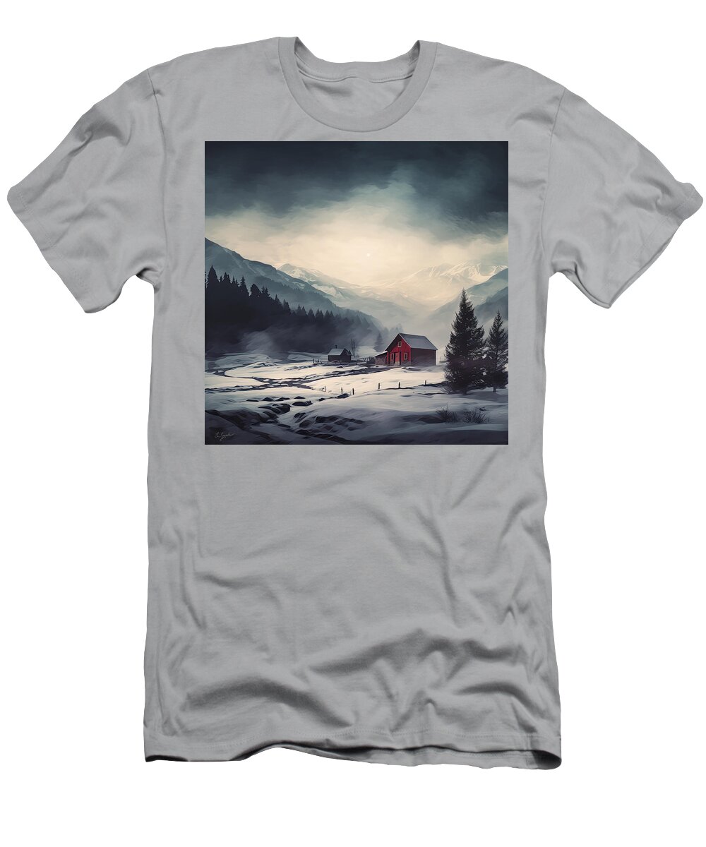 Red And Gray Art T-Shirt featuring the digital art Winter Seclusion - Red Barn in a Picturesque Snowy Landscape by Lourry Legarde