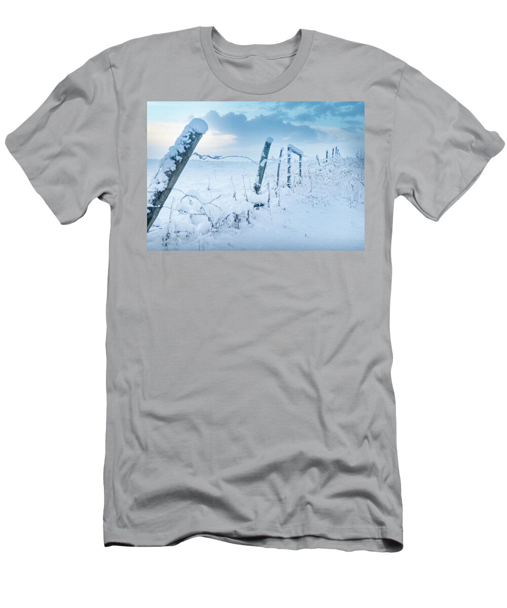 Snow T-Shirt featuring the photograph Winter Sky And Snowy Fence by Karen Rispin