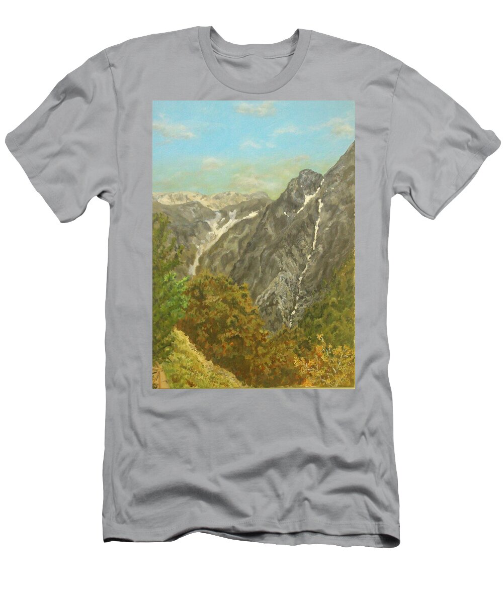 Crete T-Shirt featuring the painting Xyloskala, Samaria, Crete by David Capon