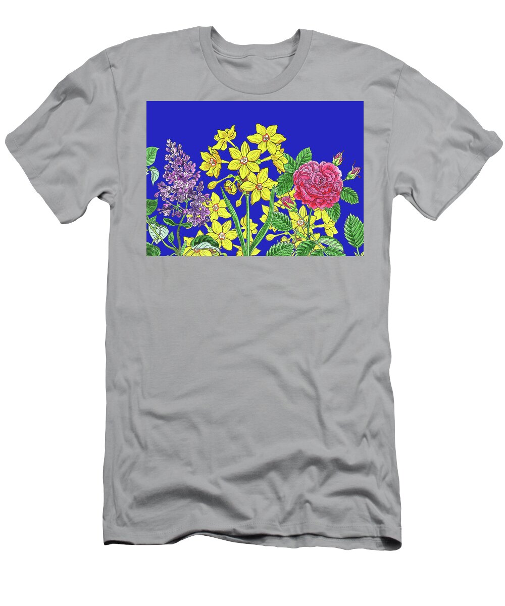Miniature Daffodil T-Shirt featuring the painting Yellow Daffodil Lilac Pink Rose Blue Sky Botanical Watercolor Flowers by Irina Sztukowski