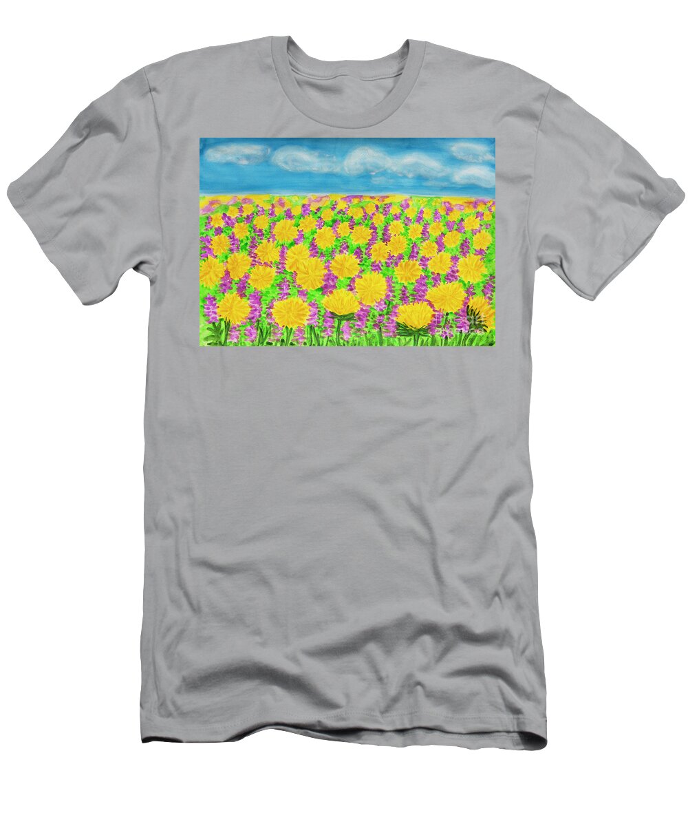 Flower T-Shirt featuring the painting Yellow dandelions and purple spring flowers by Irina Afonskaya