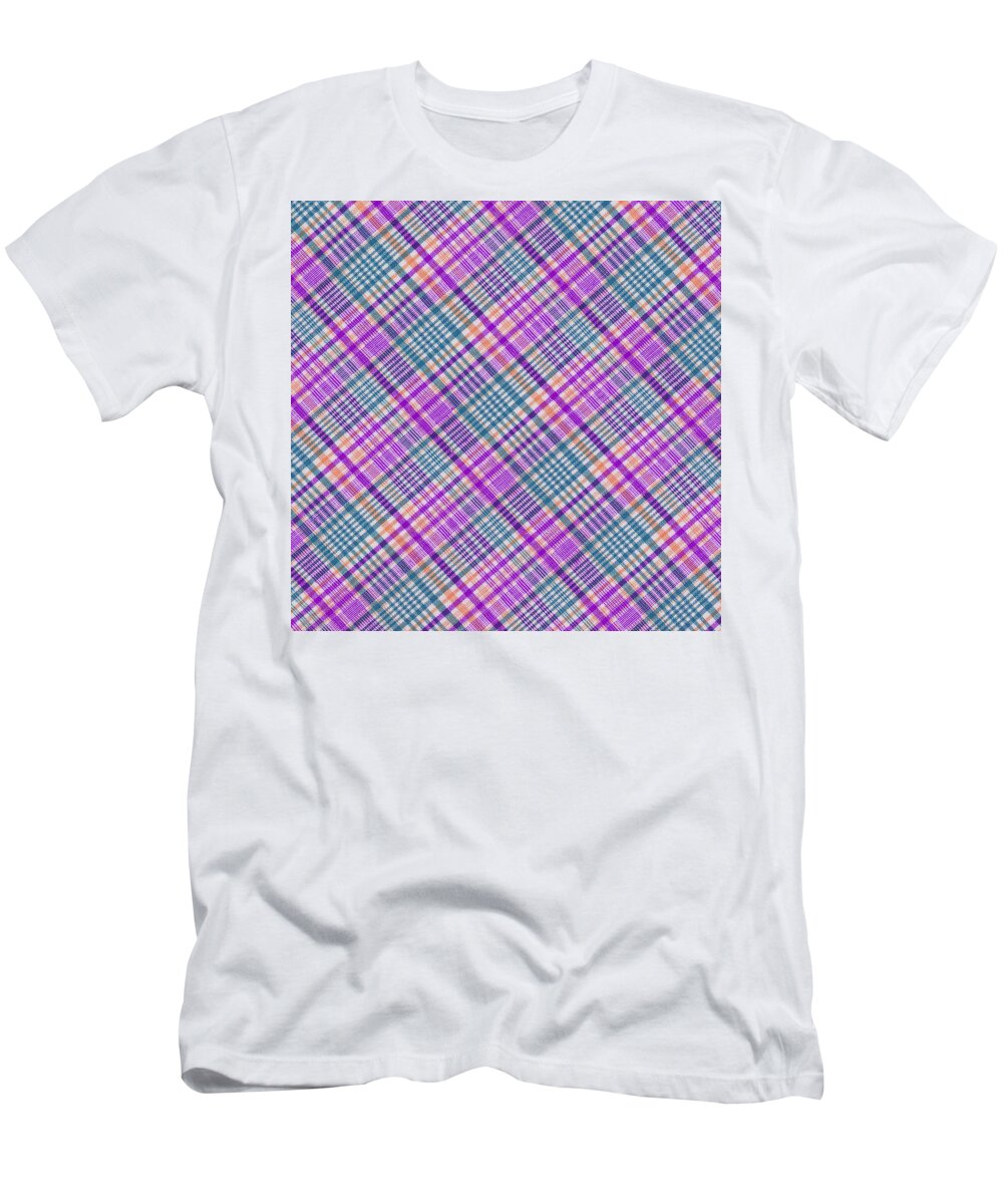 Plaid T-Shirt featuring the photograph Blue Purple Orange and White Plaid Design Background by Keith Webber Jr