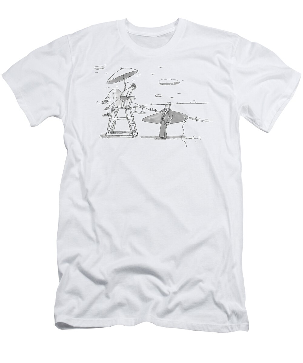 Swimming-lifeguards T-Shirt featuring the drawing A Man In A Suit Is Seen Holding A Surfboard #1 by Michael Crawford