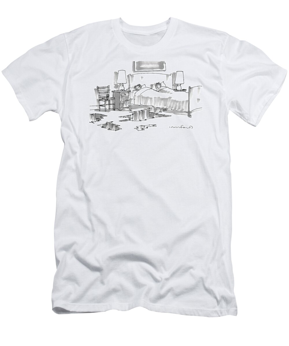 Bedroom Scenes T-Shirt featuring the drawing A Wife And Husband Lie In Bed. Cracks And Holes #1 by Michael Crawford