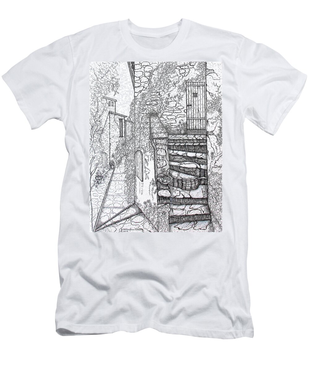 Art T-Shirt featuring the drawing Ancient Crumbling Stone Steps Black and White by Ashley Goforth