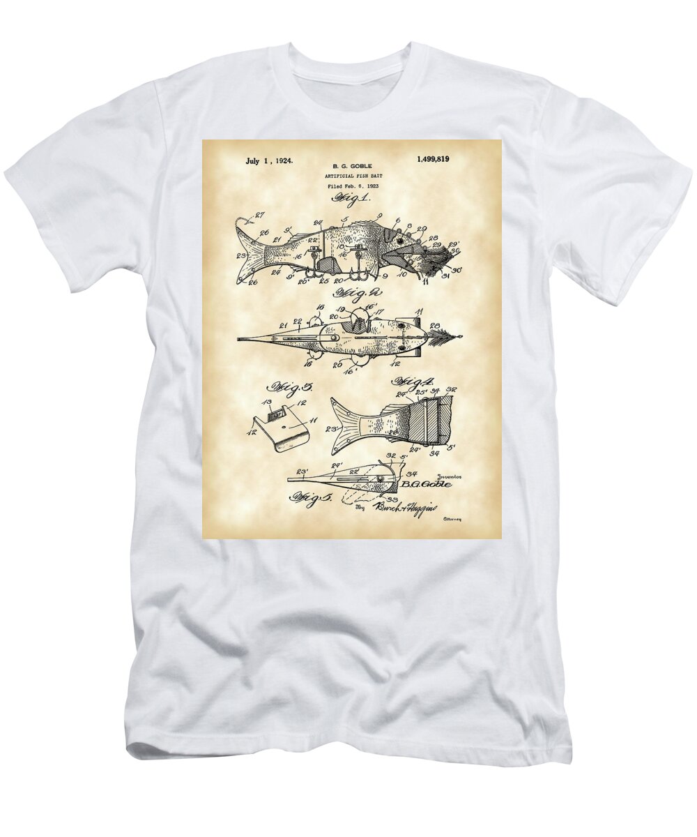 Fish T-Shirt featuring the digital art Artificial Bait Patent 1923 - Vintage by Stephen Younts