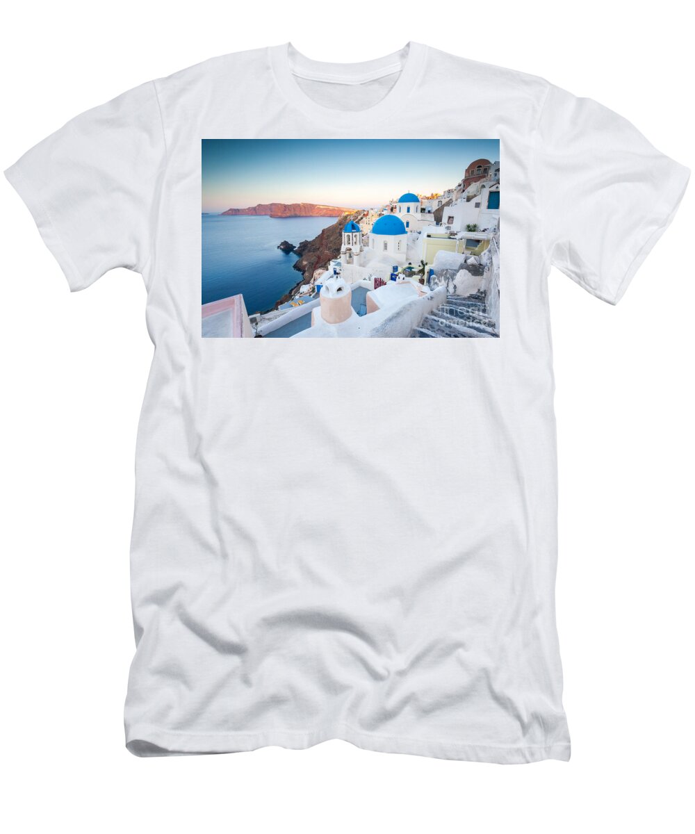 Santorini T-Shirt featuring the photograph Beautiful village of Oia at sunrise - Santorini - Greece #1 by Matteo Colombo