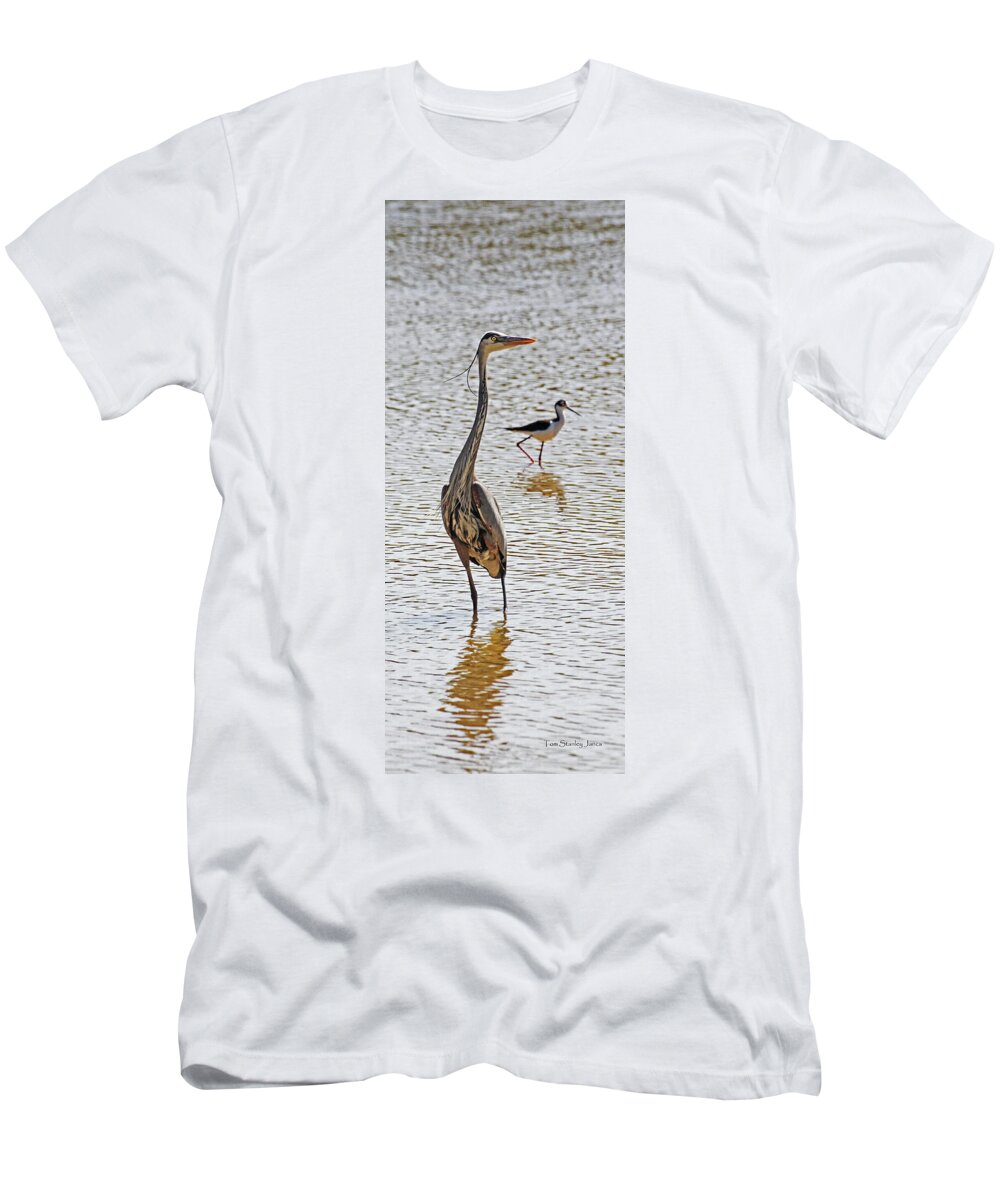 Blue Heron And Stilt T-Shirt featuring the photograph Blue Heron And Stilt #1 by Tom Janca