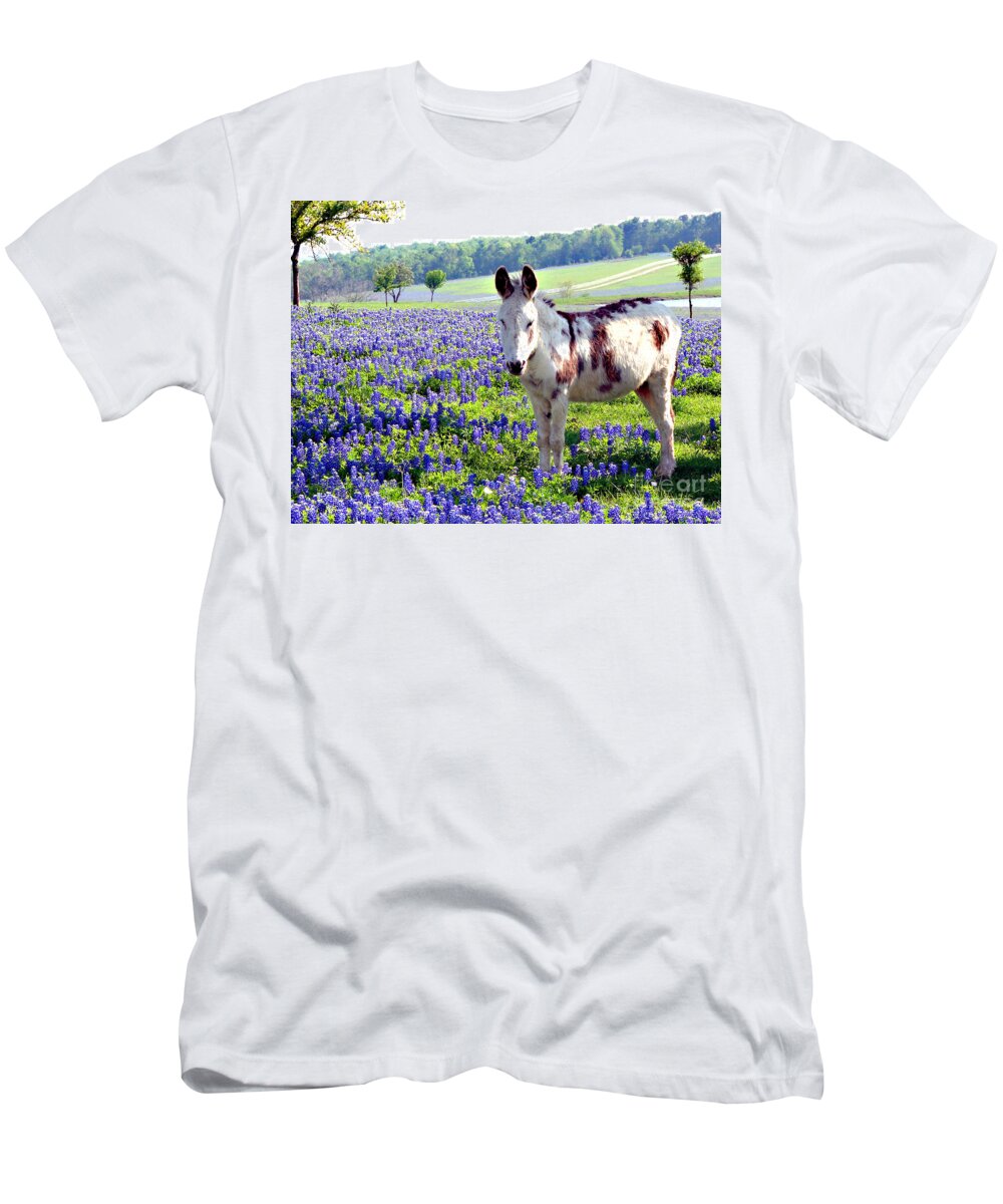 Bluebonnets T-Shirt featuring the photograph Jesus Donkey In Bluebonnets #1 by Linda Cox