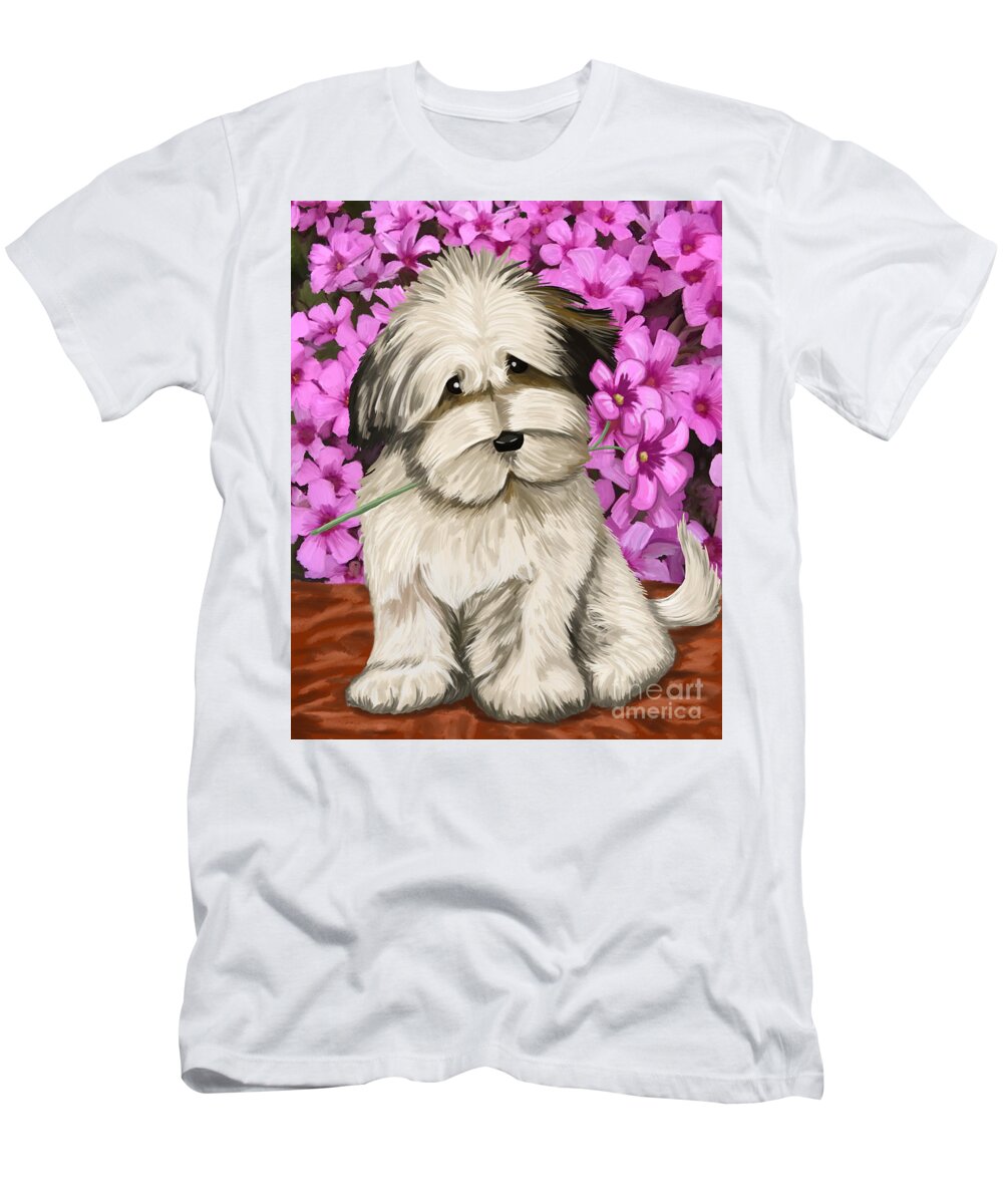Puppy T-Shirt featuring the painting Puppy in the Flowers #1 by Tim Gilliland