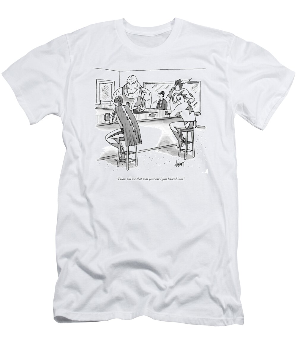 Super Heroes T-Shirt featuring the drawing Several Super Heroes Sit Somewhat Dejectedly by Tom Cheney