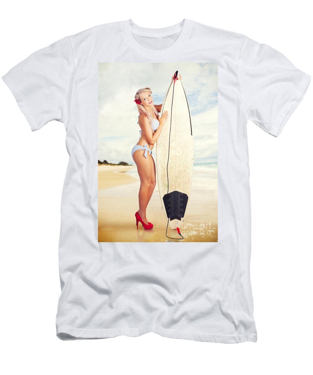 Australia T-Shirt featuring the photograph Sexy Sixties Pinup Surfer Girl At Vintage Beach by Jorgo Photography