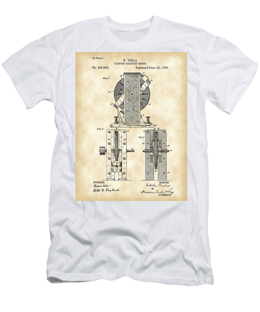 Tesla T-Shirt featuring the digital art Tesla Electro Magnetic Motor Patent 1889 - Vintage by Stephen Younts