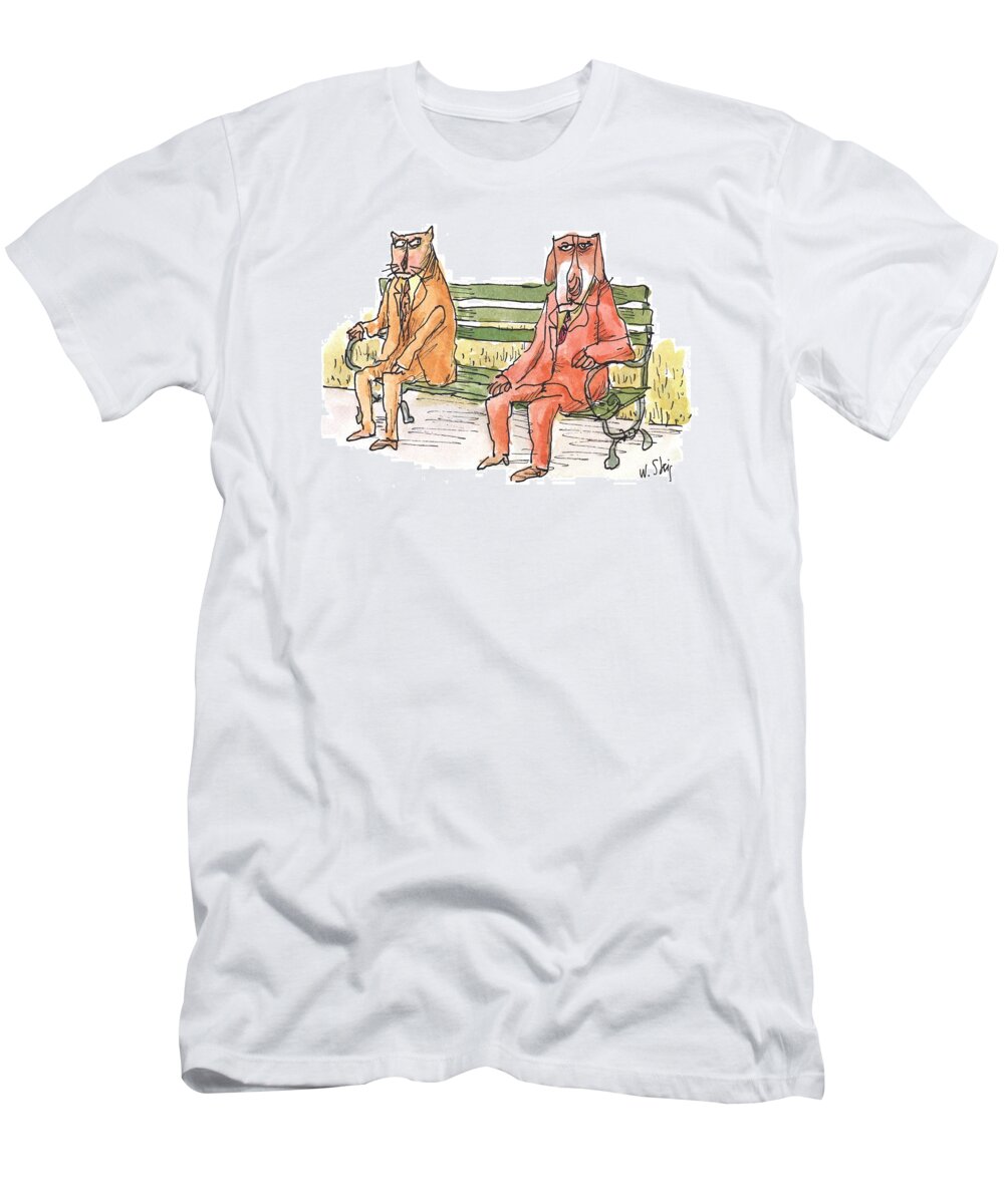 118958 Wst William Steig (cat And Dog Sitting On A Park Bench Wearing Suits.) Animals Appearances Attire Best Canines Cat Cats Clothes Clothing Dog Doggie Dogs Fashion Feline Felines Friend Looks Man's Pet Pets Pooch Puppies Puppy Style T-Shirt featuring the drawing New Yorker May 21st, 2001 by William Steig