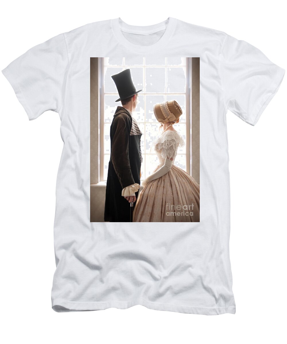 Victorian T-Shirt featuring the photograph Victorian Couple Looking Out Of A Window #1 by Lee Avison