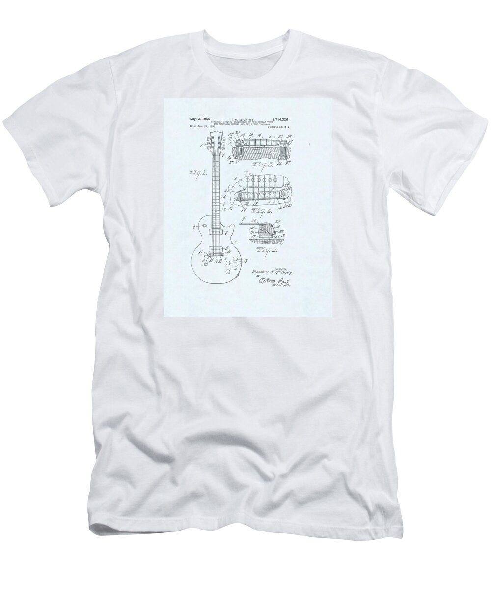 Electric T-Shirt featuring the drawing Guitar Patent Drawing on blue background by Steve Kearns