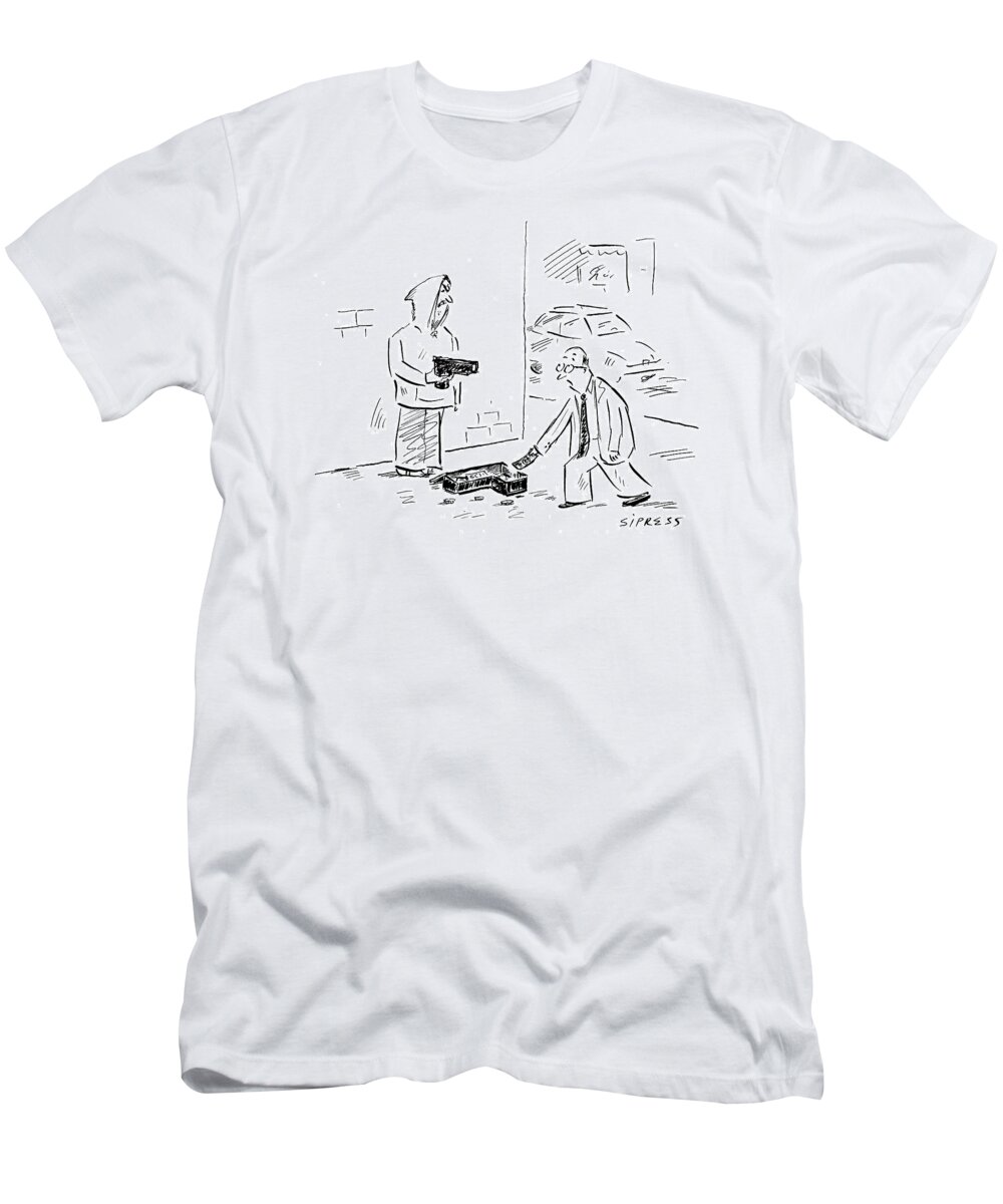 Tin Cup Crime Urban 
(man On The Street Holding A Gun For Passersby To Drop Money Into Open Gun Case.) 120751 Dsi David Sipress T-Shirt featuring the drawing New Yorker April 4th, 2005 by David Sipress