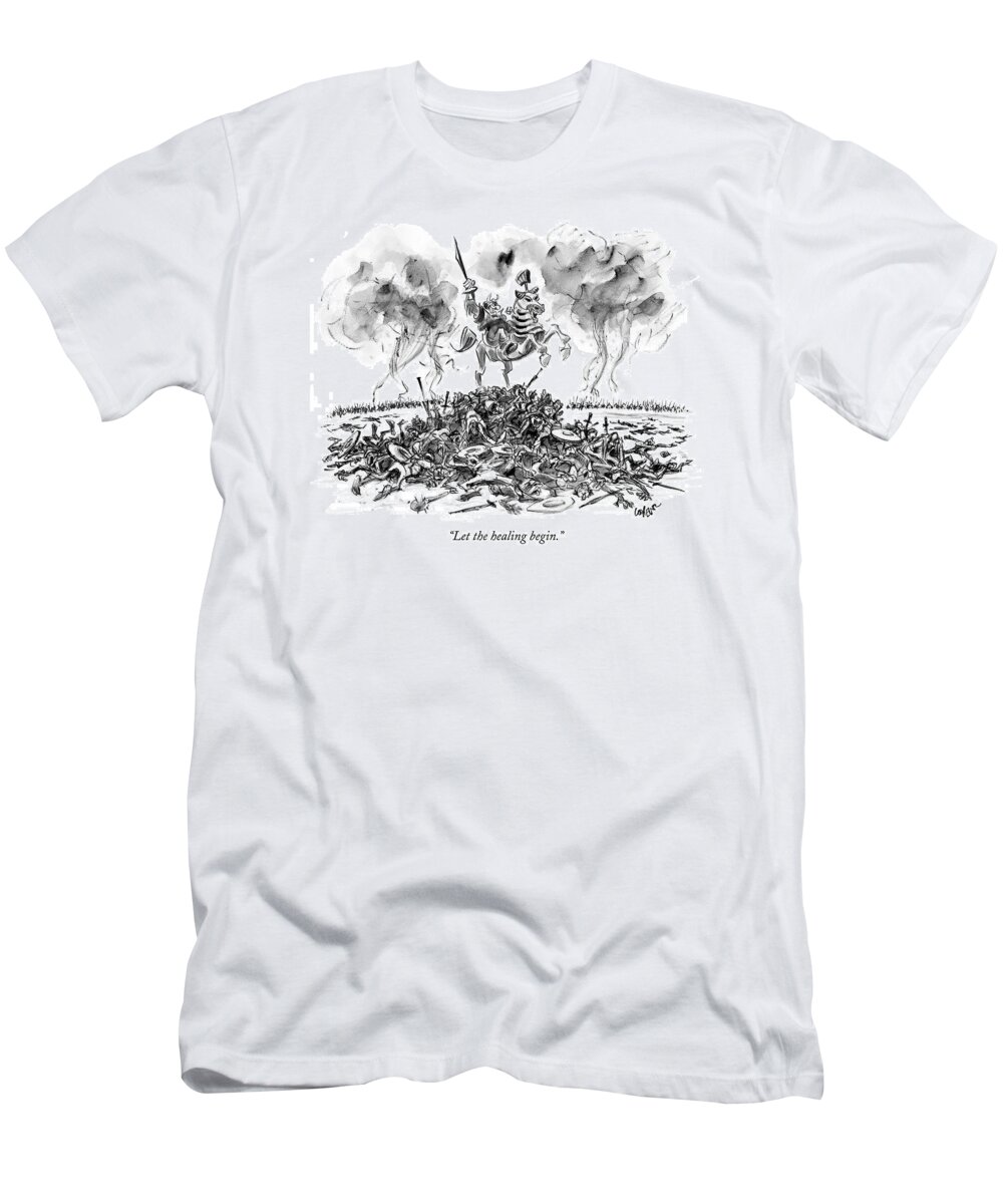 Violence Word Play 

(warrior On Horseback Atop Pile Of Corpses.) 121892 Llo Lee Lorenz T-Shirt featuring the drawing Let The Healing Begin by Lee Lorenz