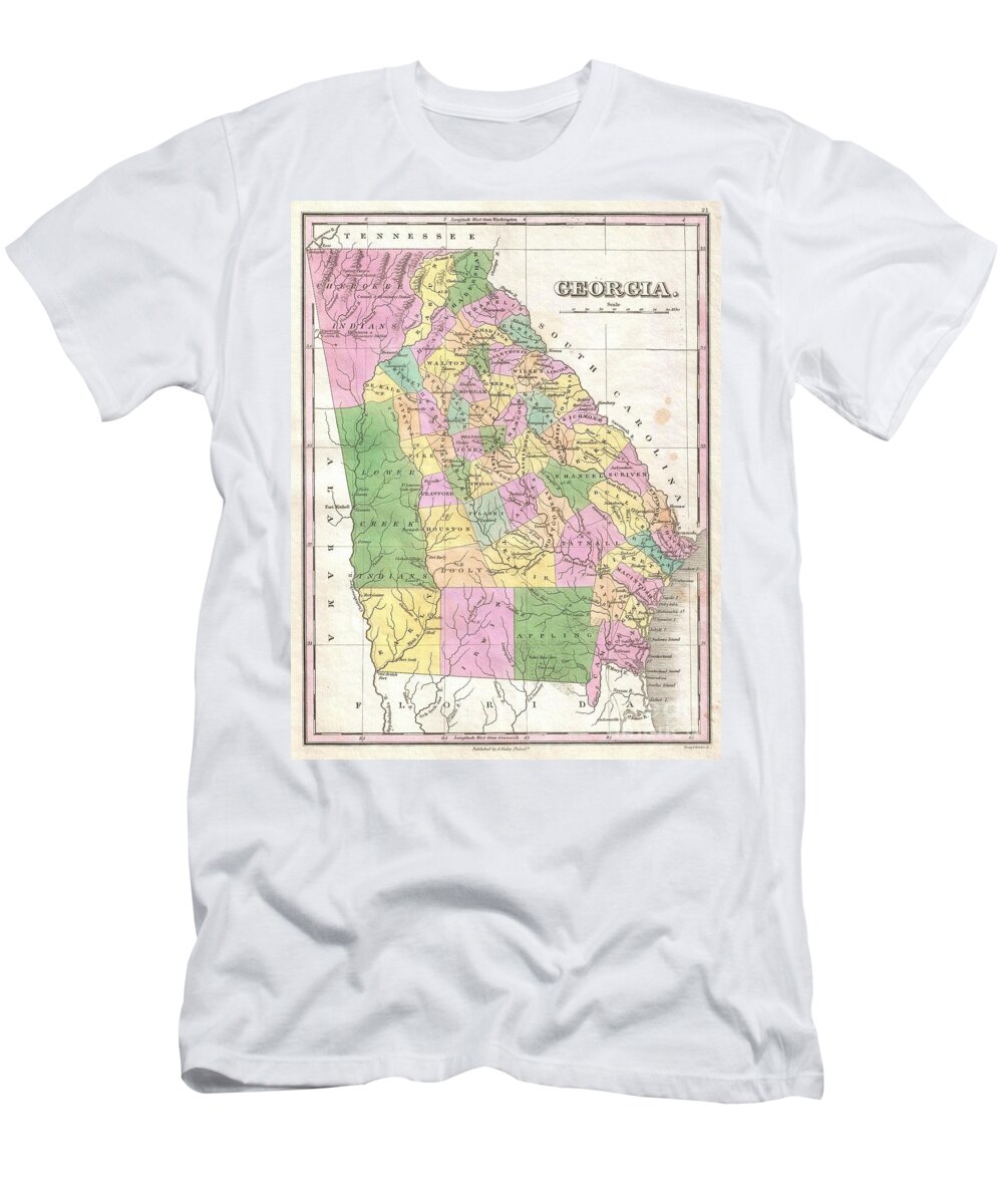 A Beautiful Example Of Finley's Important 1827 Map Of Georgia. Depicts The State With Moderate Detail In Finley's Classic Minimalist Style. Shows River Ways T-Shirt featuring the photograph 1827 Finley Map of Georgia by Paul Fearn