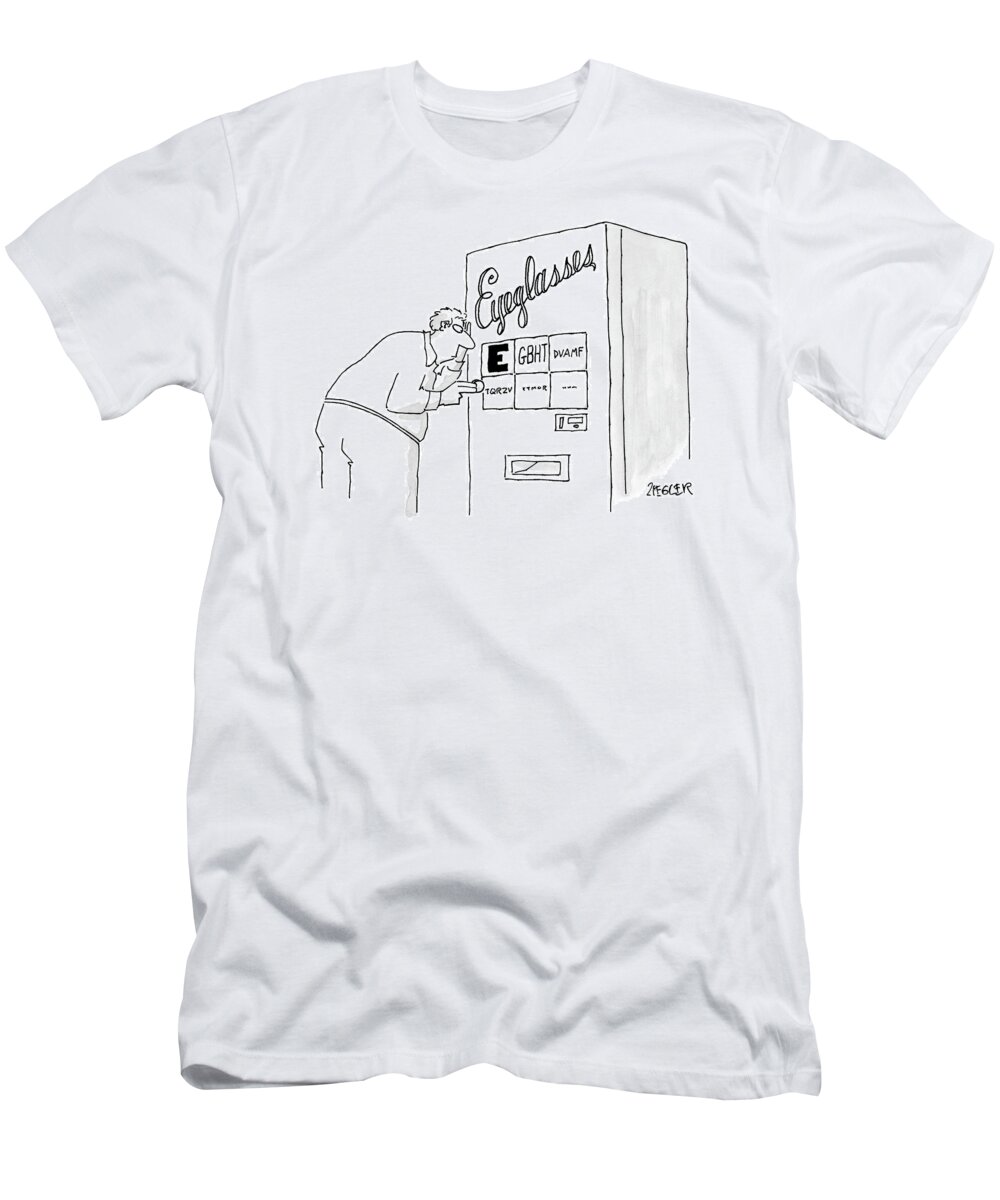 Medical Consumerism Problems

(vending Machine For Eyeglasses Has Buttons With Different Size Letters Like On An Optometrists Eye Chart.) 120128 Jzi Jack Ziegler T-Shirt featuring the drawing New Yorker November 29th, 2004 by Jack Ziegler