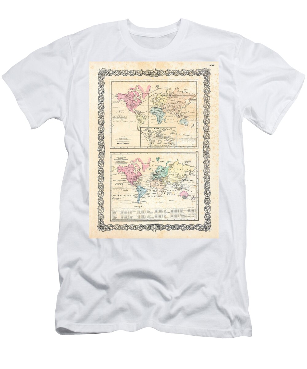 1855 T-Shirt featuring the photograph 1855 Antique First Plate Ortelius World Map Animal Kingdom World Commerce and Navigation by Karon Melillo DeVega