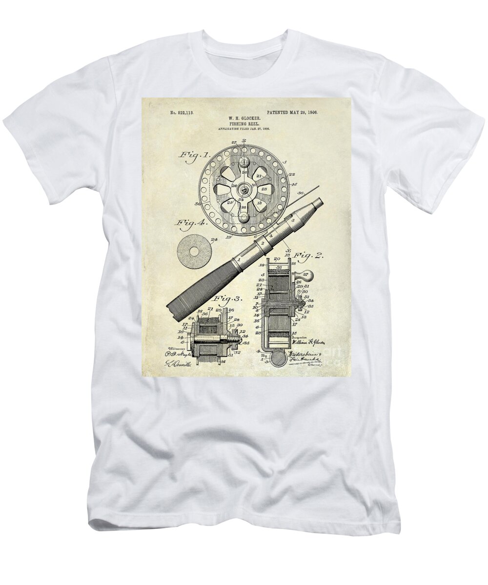 Fishing Basket T-Shirt featuring the photograph 1906 Fishing Reel Patent Drawing by Jon Neidert
