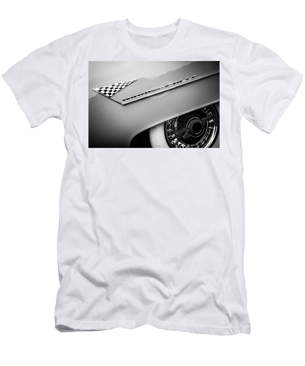 1955 Lincoln Indianapolis Boano Coupe Emblem T-Shirt featuring the photograph 1955 Lincoln Indianapolis Boano Coupe Emblem -0295bw by Jill Reger