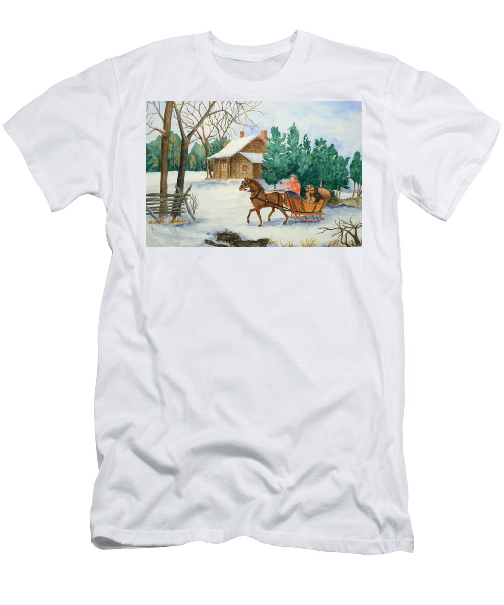 Winter T-Shirt featuring the painting Bo and Ozark - Dashing The Fab Two by Rhonda Leonard