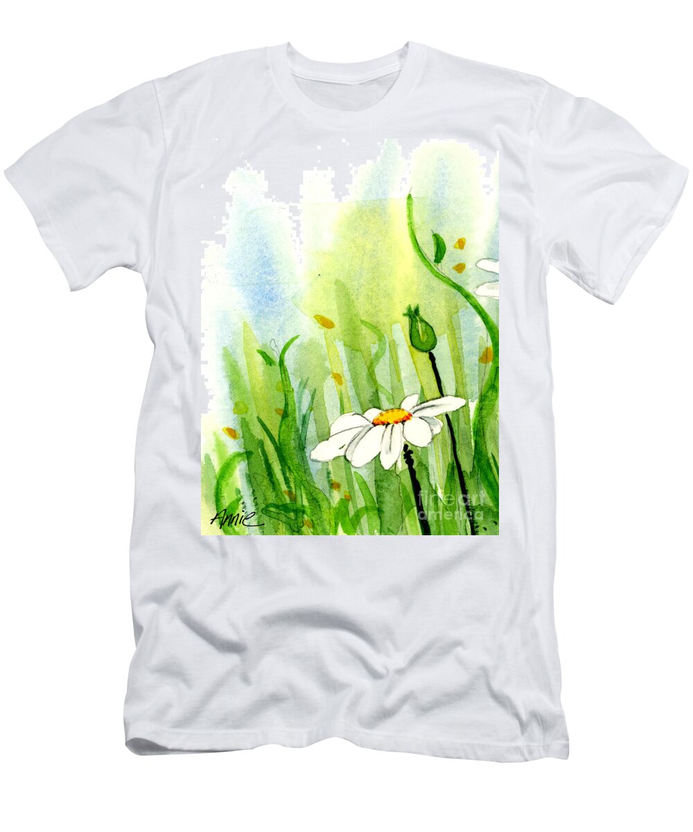 Watercolor T-Shirt featuring the painting Daisy Field 1 of 2 #2 by Annie Troe