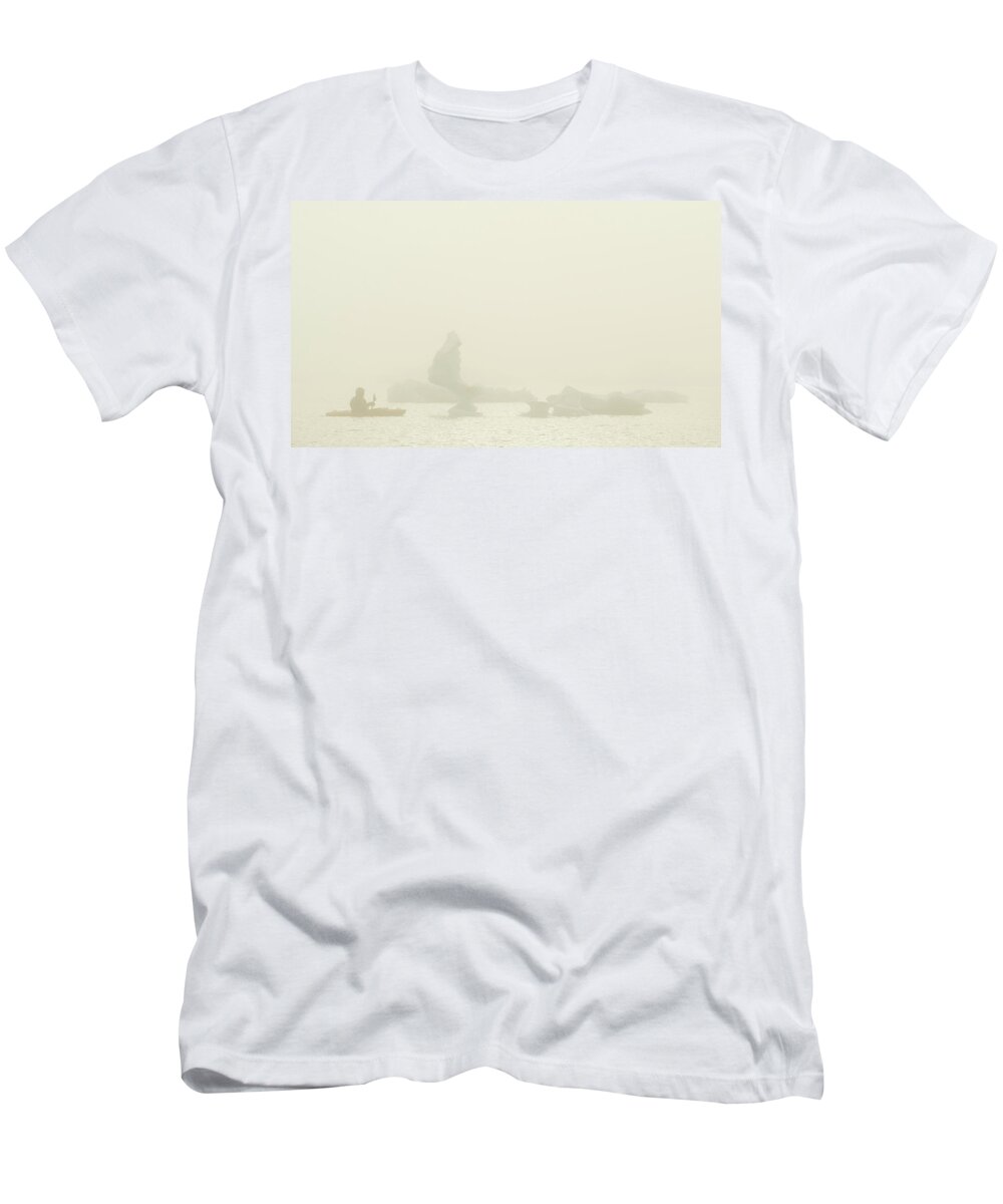 Glacier Bay National Park T-Shirt featuring the photograph Kayaker Paddling Through Marine Fog #2 by Josh Miller Photography