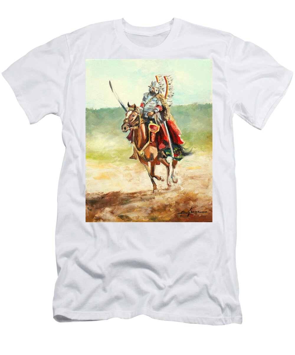 Hussar T-Shirt featuring the painting The Polish Winged Hussar #2 by Luke Karcz