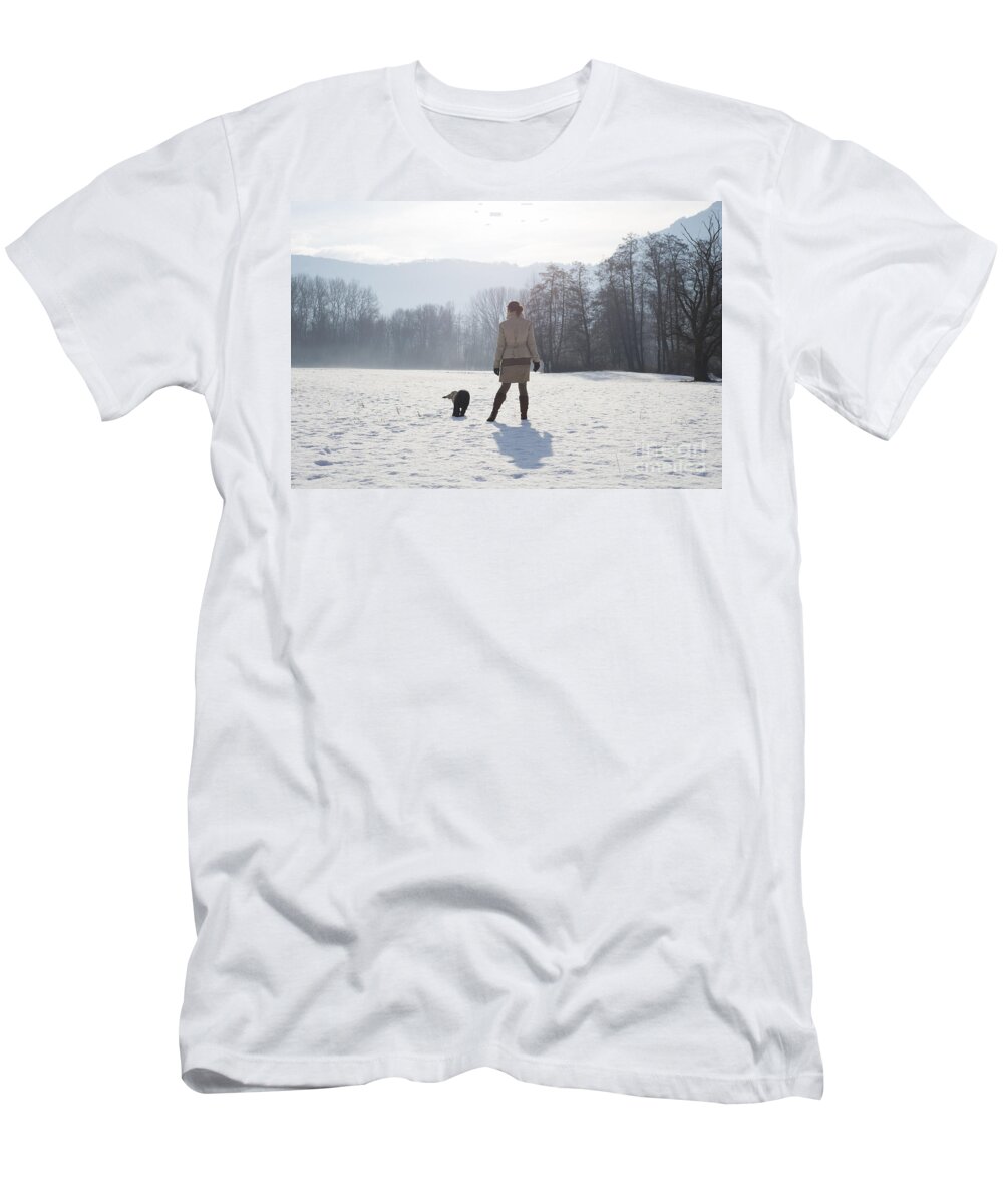 Woman T-Shirt featuring the photograph Woman with her dog #2 by Mats Silvan